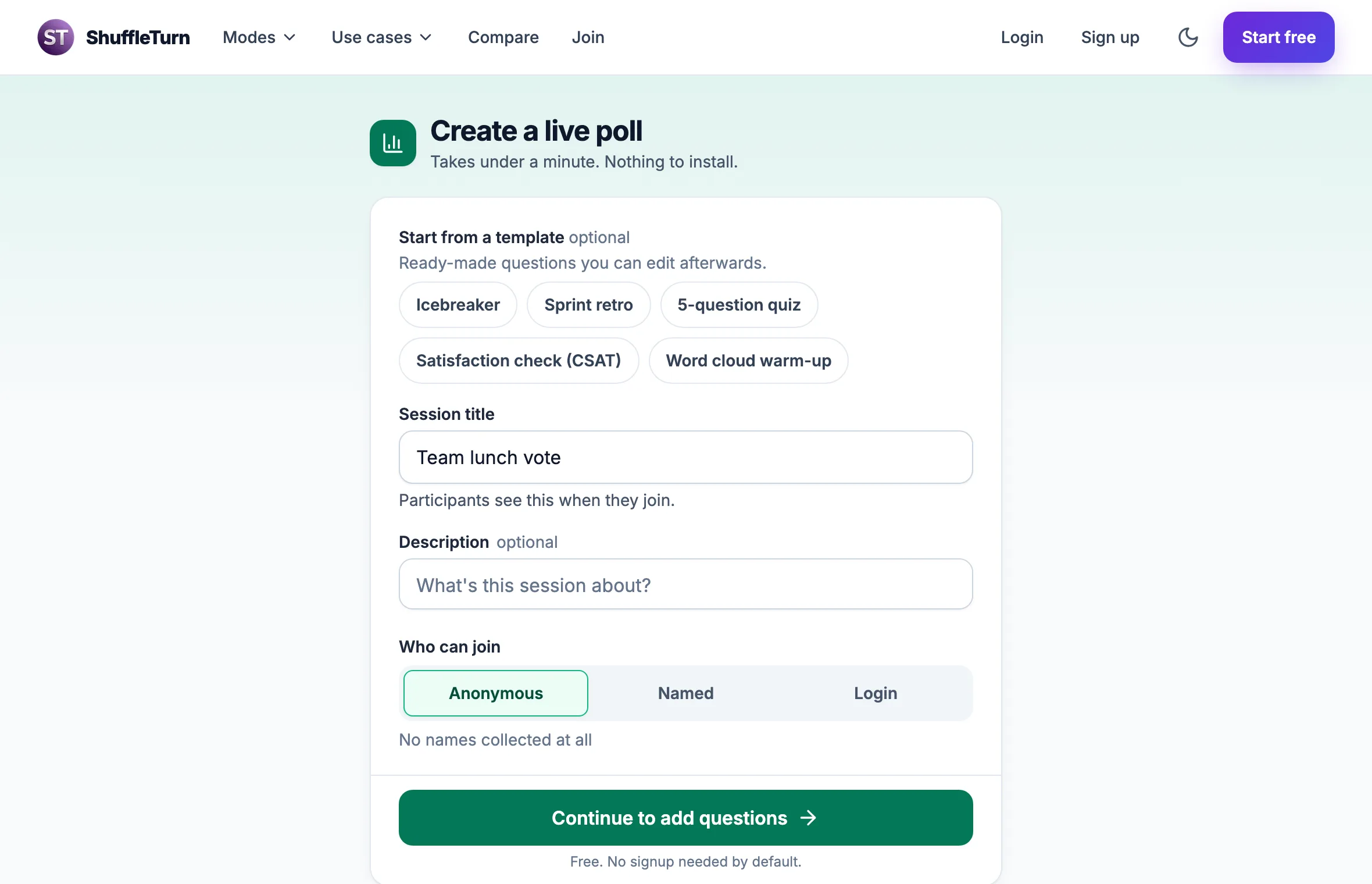 The create a live poll form with templates, a title field and a Who can join choice