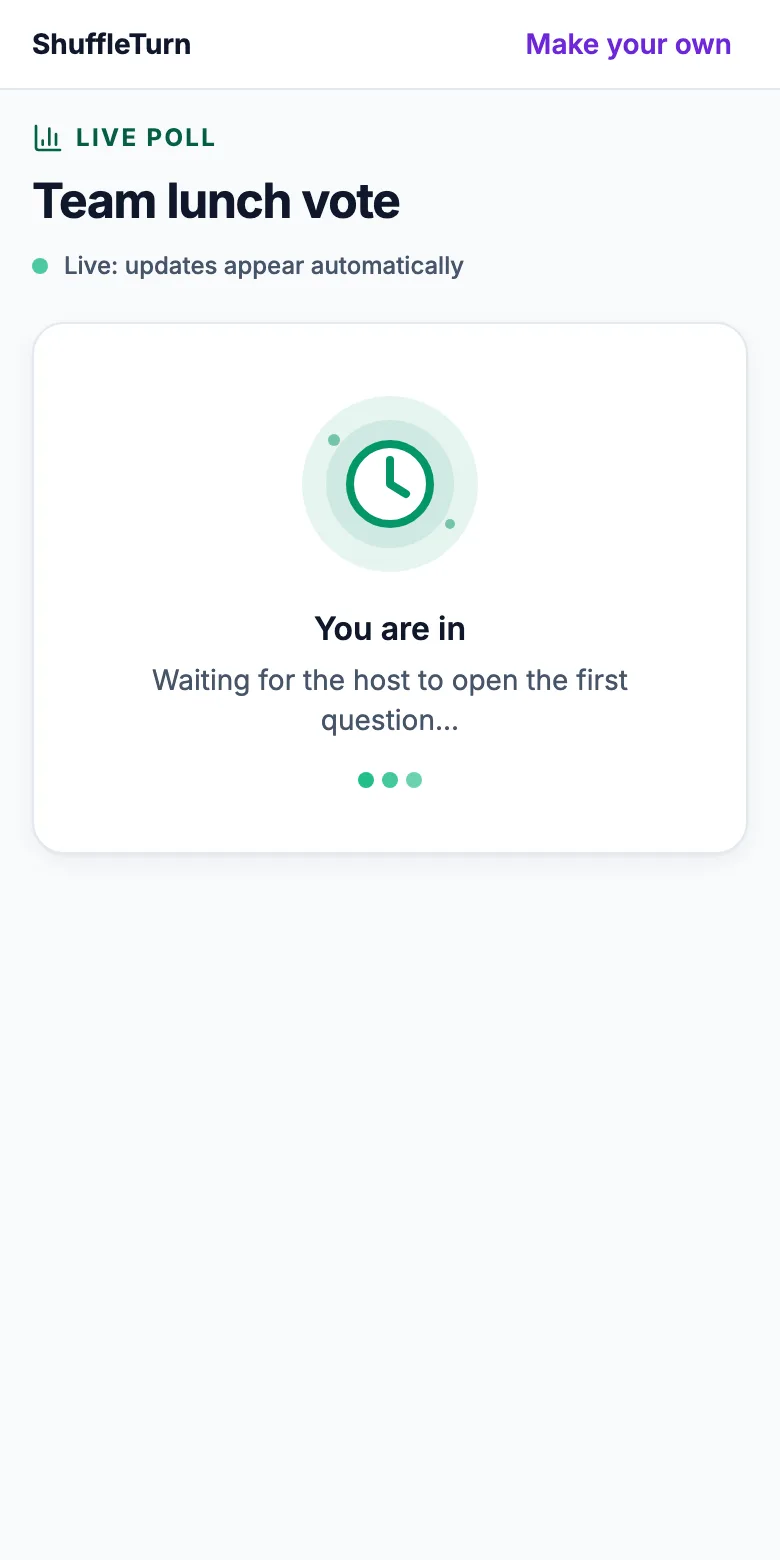 A phone saying You are in, waiting for the host to open the first question