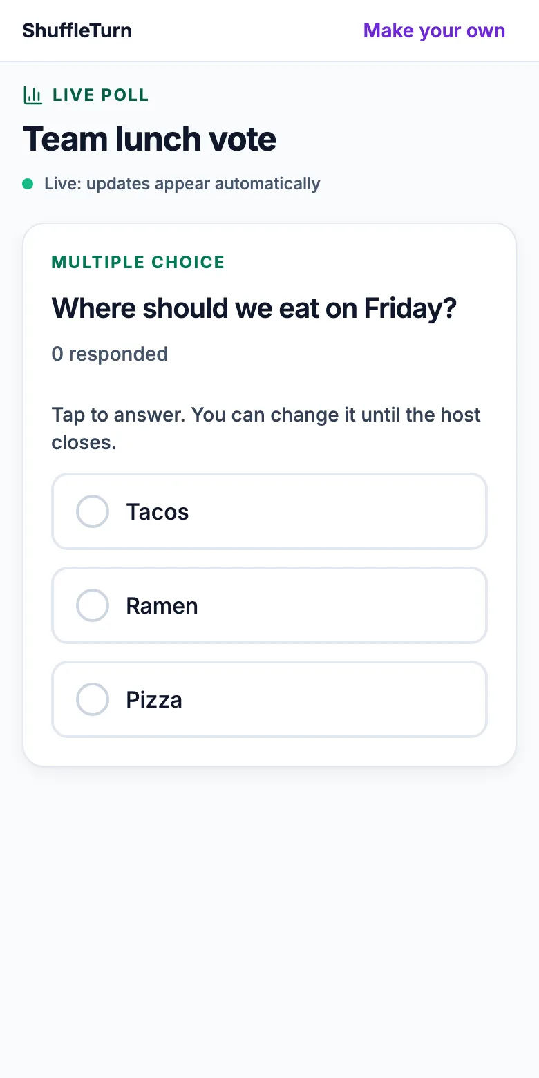 A phone showing a multiple choice question with three answers to tap