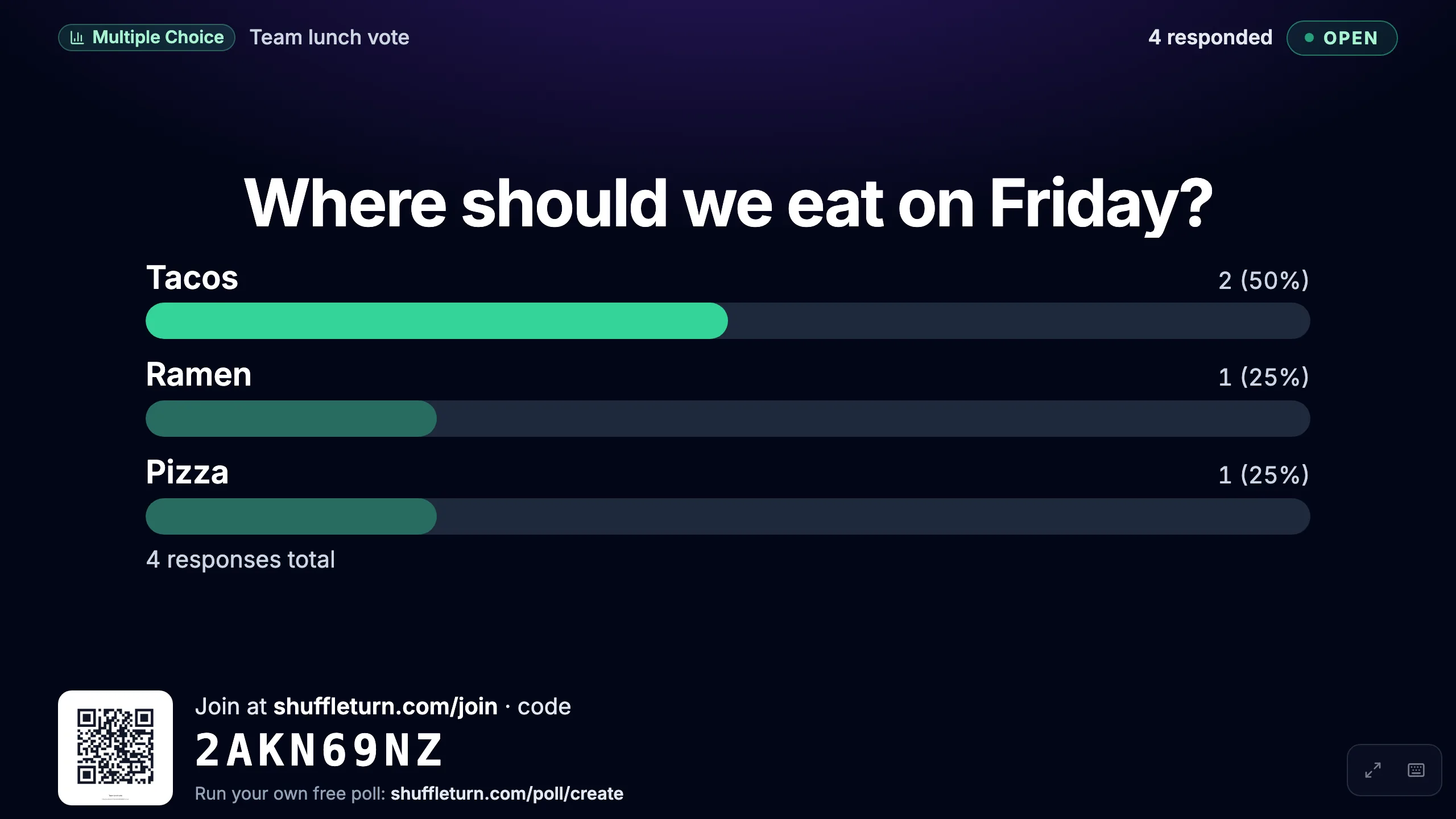 The big screen view with the question, live result bars and the join code in the corner