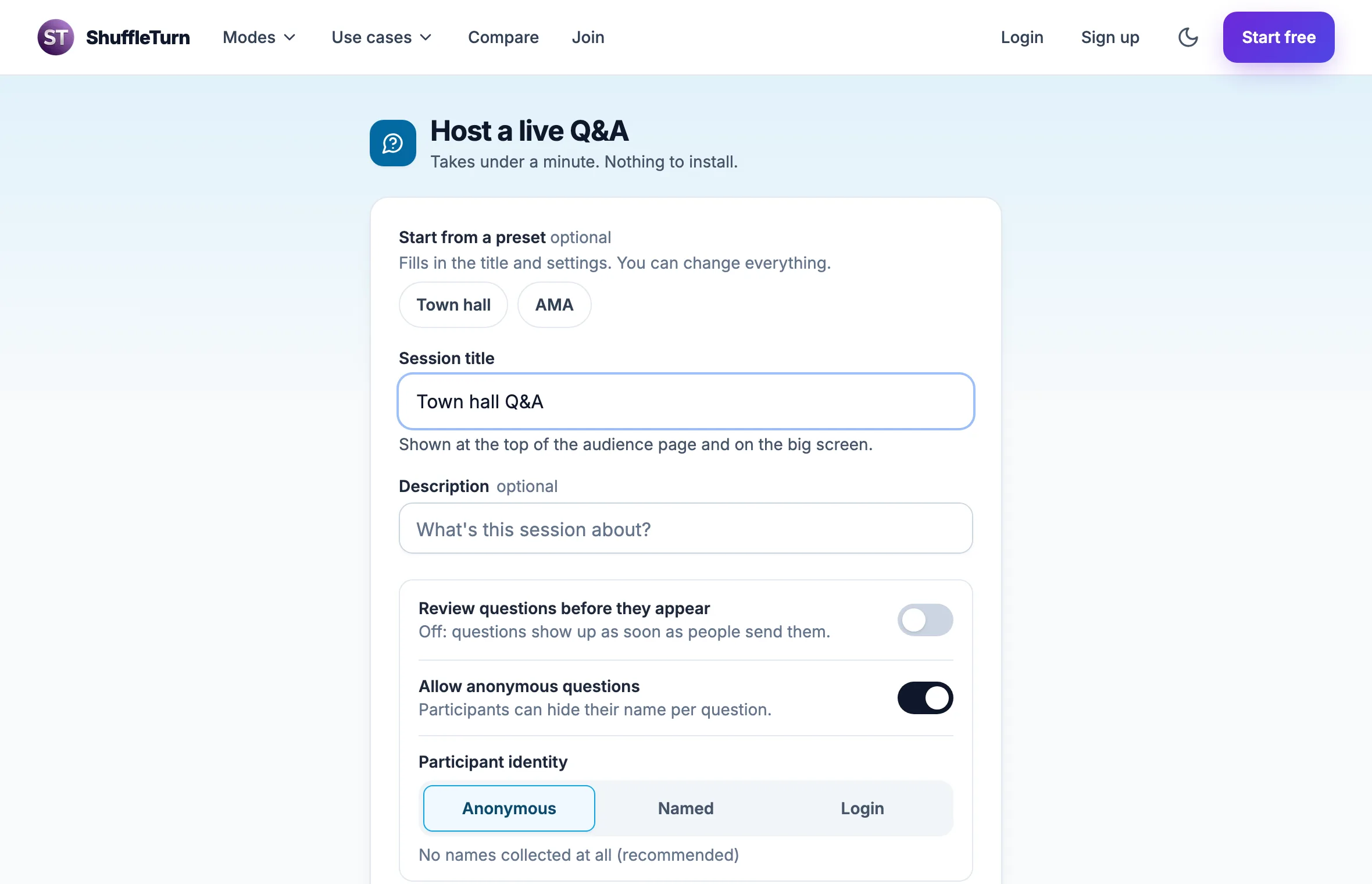 The create a live Q&A form