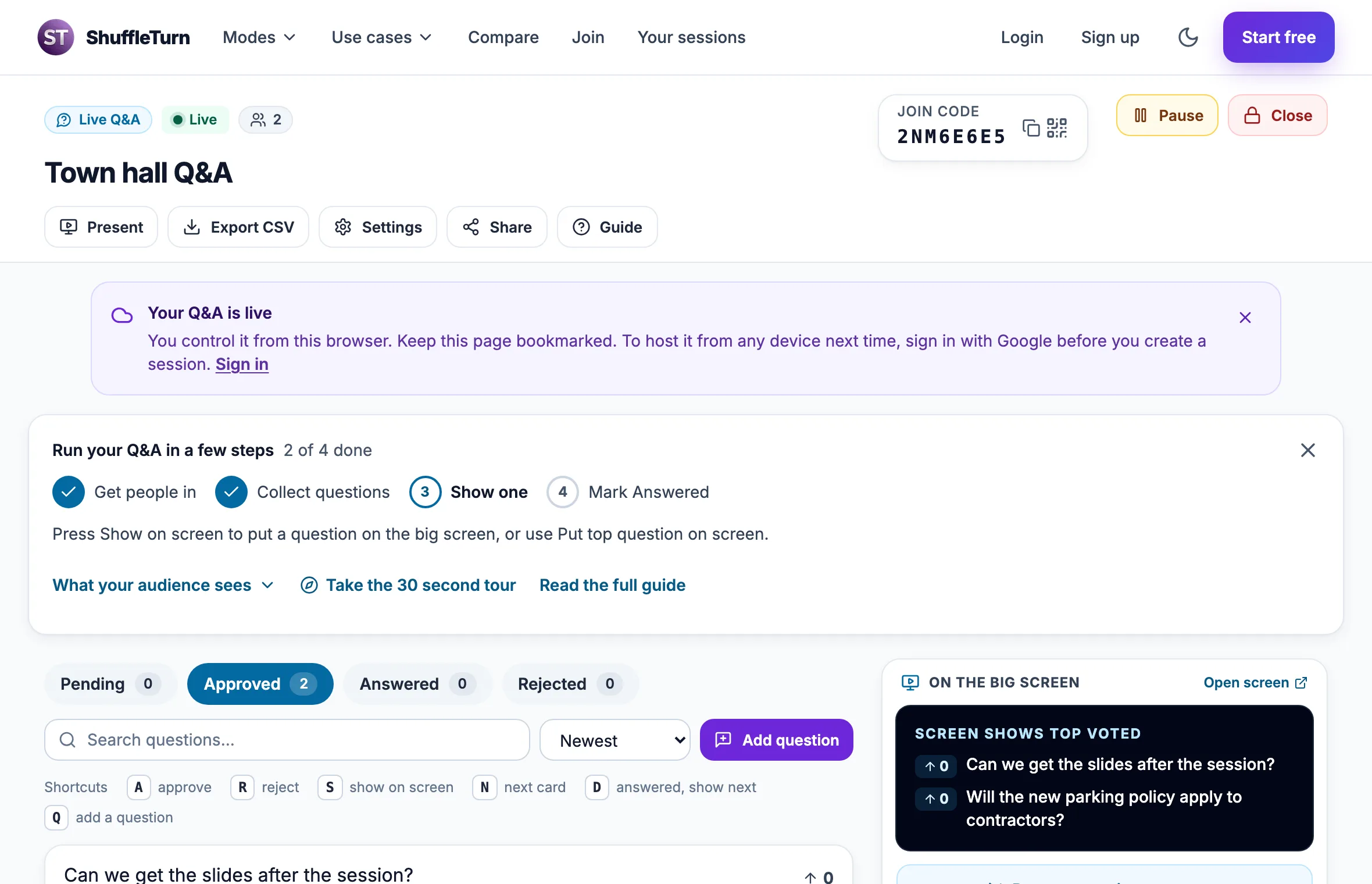 The Q&A console with Pending, Approved, Answered and Rejected tabs and action buttons on each question